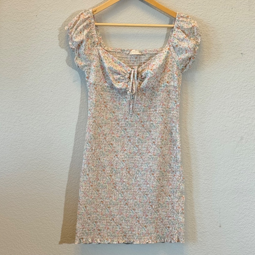Altar'd State Floral Smocked Mini Dress Puff Sleeve Tie Front Womens M